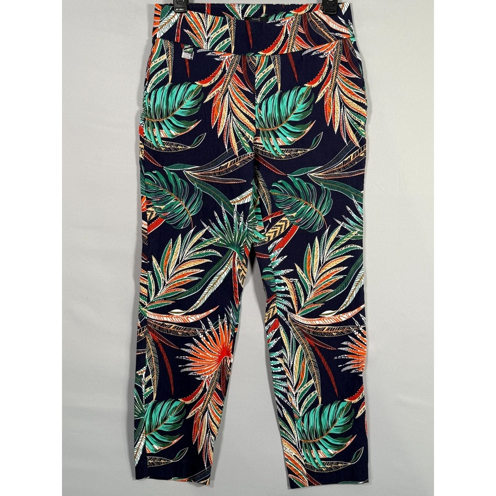 Tahari Women's‎ M Blue Tropical Design Pull on Stretch Pants Colorful Ankle